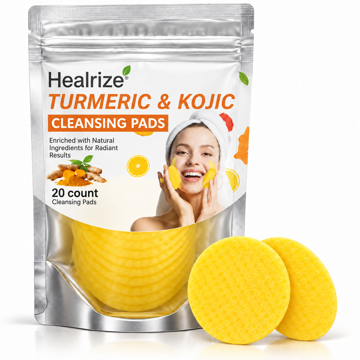 Healrize® Turmeric & Kojic Acid Brightening Cleansing Pads | Deep Clean Pores. Wash Away Dullness. Reveal Your Glow.