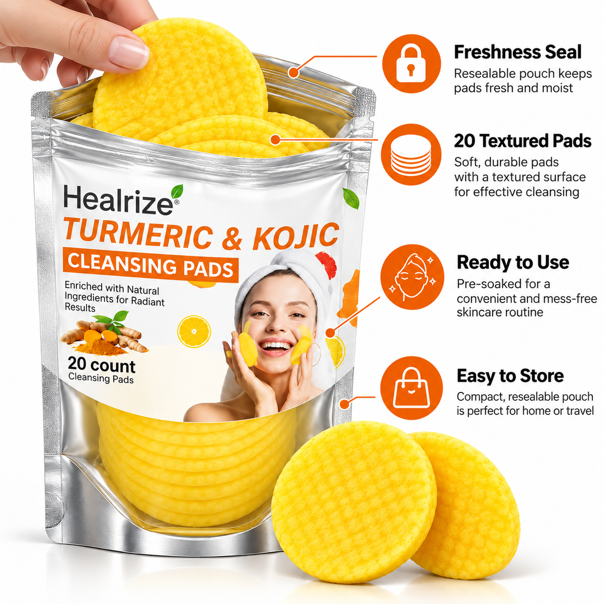 Healrize® Turmeric & Kojic Acid Brightening Cleansing Pads | Deep Clean Pores. Wash Away Dullness. Reveal Your Glow.
