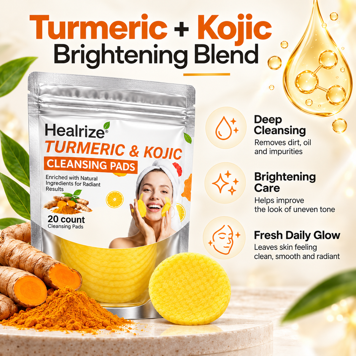 Healrize® Turmeric & Kojic Acid Brightening Cleansing Pads | Deep Clean Pores. Wash Away Dullness. Reveal Your Glow.