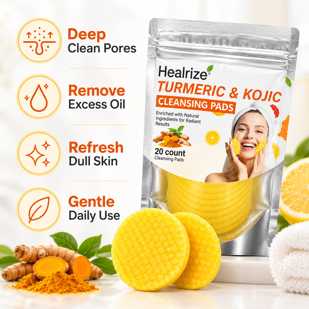 Healrize® Turmeric & Kojic Acid Brightening Cleansing Pads | Deep Clean Pores. Wash Away Dullness. Reveal Your Glow.