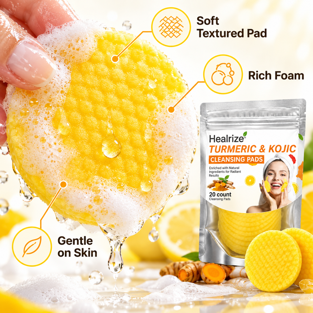 Healrize® Turmeric & Kojic Acid Brightening Cleansing Pads | Deep Clean Pores. Wash Away Dullness. Reveal Your Glow.