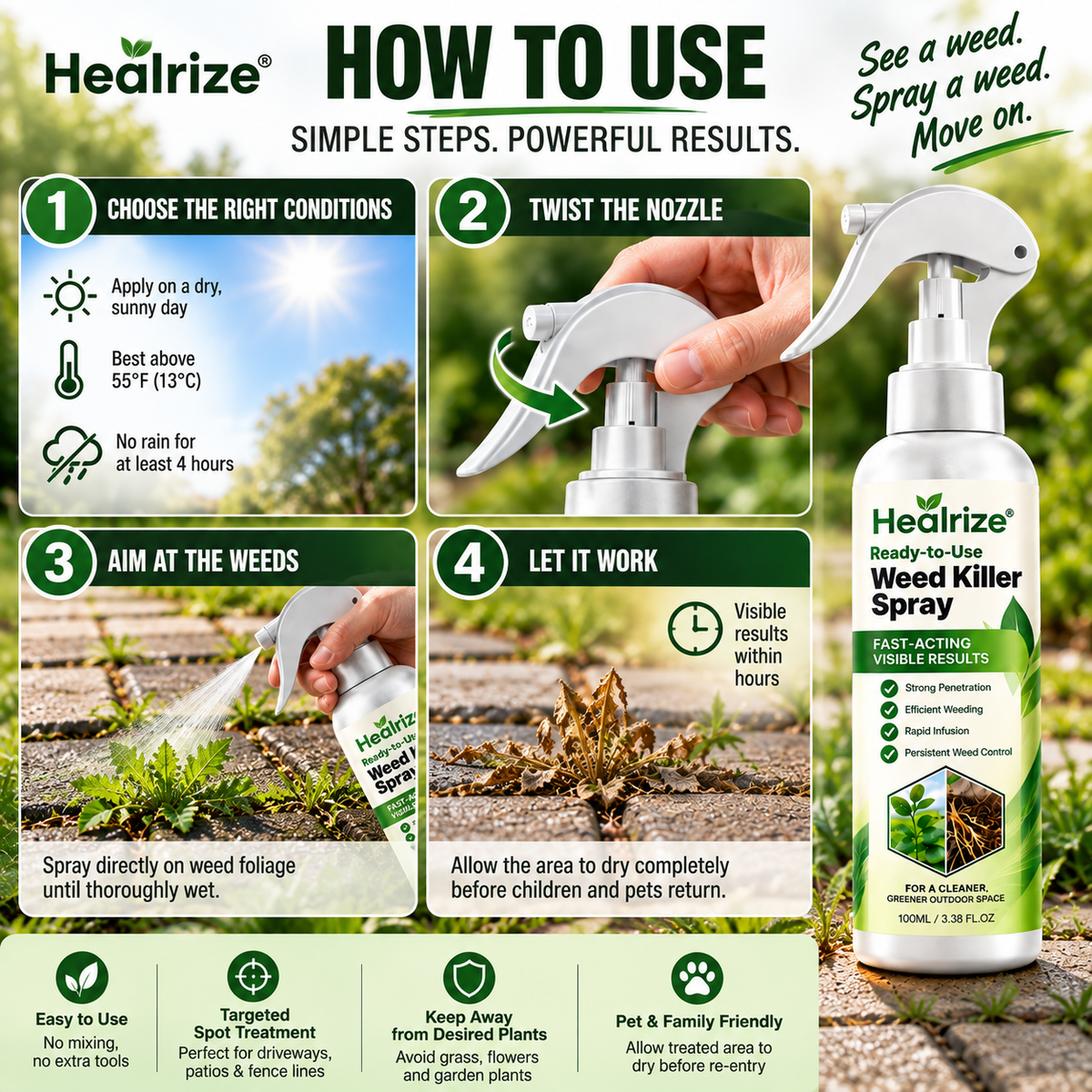 🌟 Official Store | 🌿 Healrize® Ready-to-Use Weed Killer Spray – Fast-Acting Pelargonic Acid Formula, No Mixing & Glyphosate-Free
