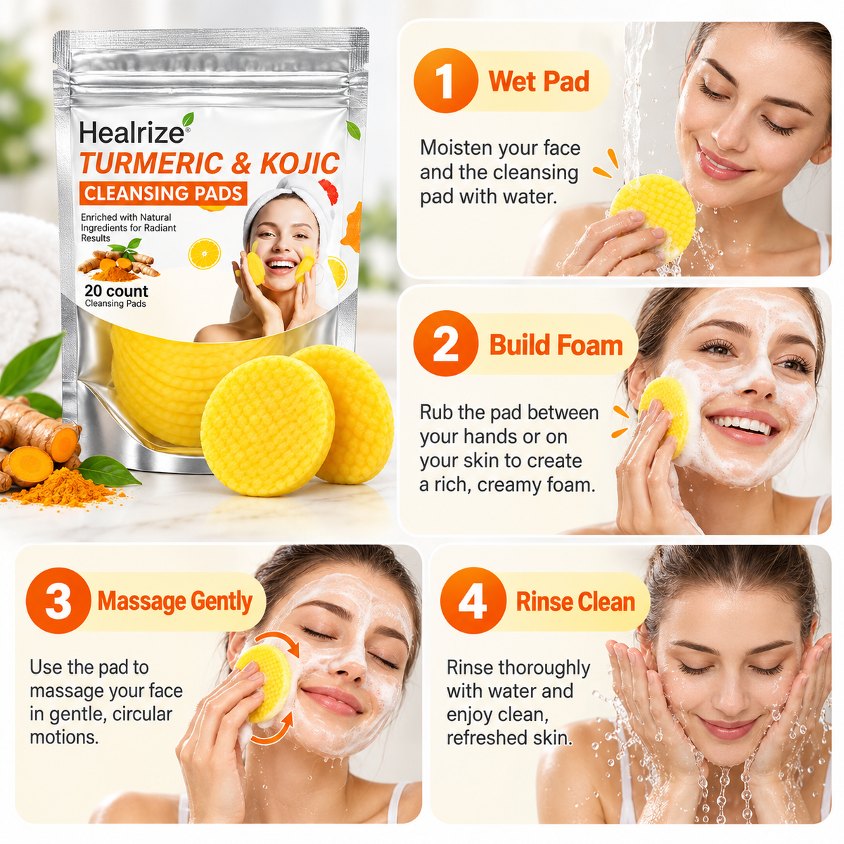 Healrize® Turmeric & Kojic Acid Brightening Cleansing Pads | Deep Clean Pores. Wash Away Dullness. Reveal Your Glow.
