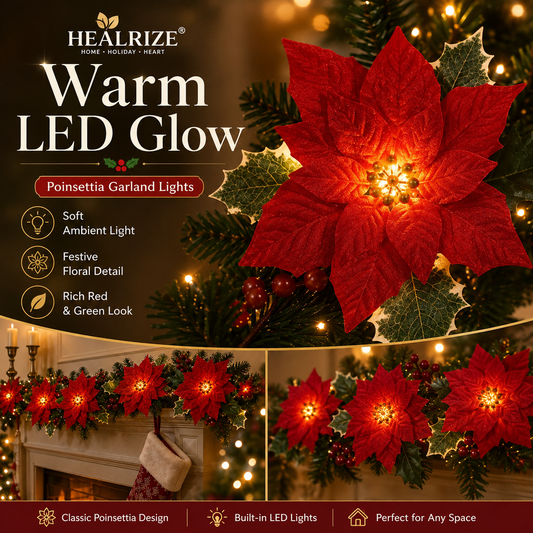 🎄 Healrize® PoinsettiaGlow Garland Lights – Add Warm Christmas Magic to Trees, Mantels & More🌺