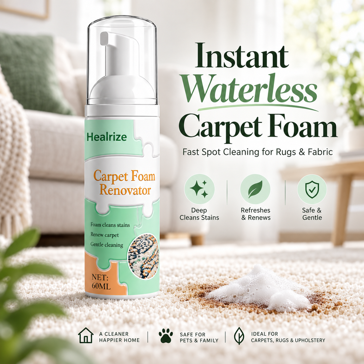 🧼 Healrize® Waterless Carpet & Fabric Foam Stain Remover – Fast-Acting Deep Cleaning Foam for Rugs, Upholstery & Spot Cleaning