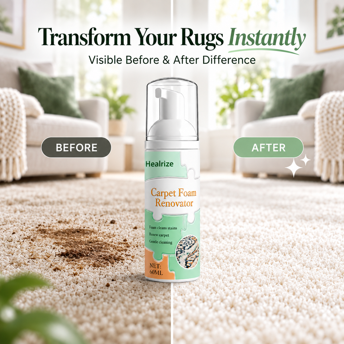 🧼 Healrize® Waterless Carpet & Fabric Foam Stain Remover – Fast-Acting Deep Cleaning Foam for Rugs, Upholstery & Spot Cleaning