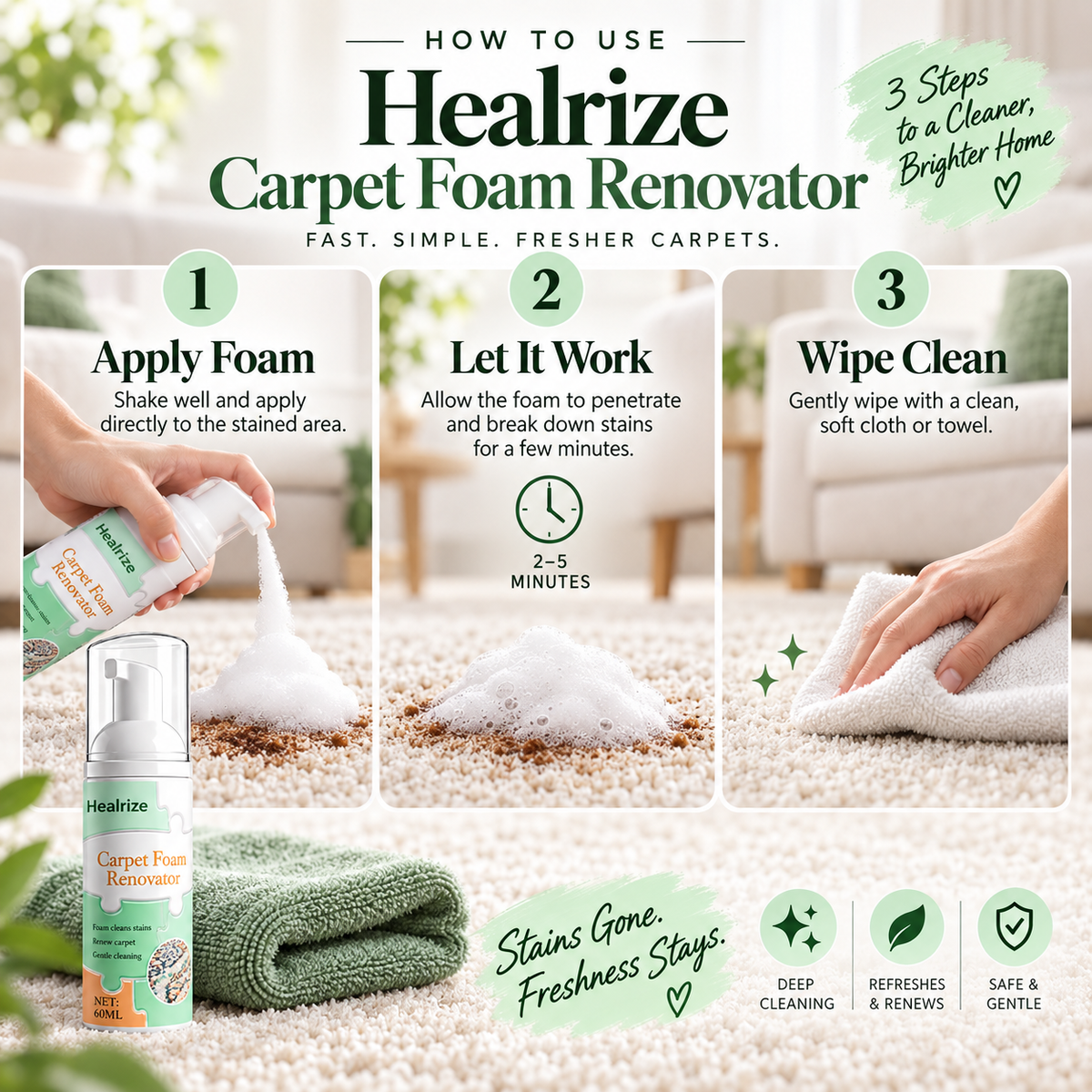 🧼 Healrize® Waterless Carpet & Fabric Foam Stain Remover – Fast-Acting Deep Cleaning Foam for Rugs, Upholstery & Spot Cleaning
