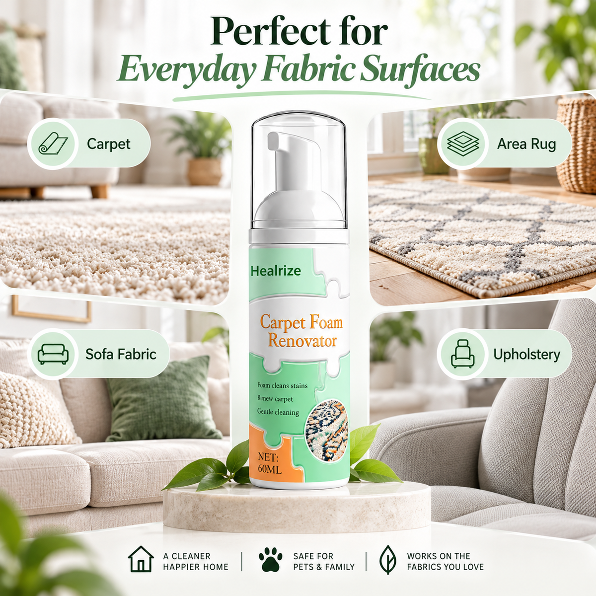 🧼 Healrize® Waterless Carpet & Fabric Foam Stain Remover – Fast-Acting Deep Cleaning Foam for Rugs, Upholstery & Spot Cleaning